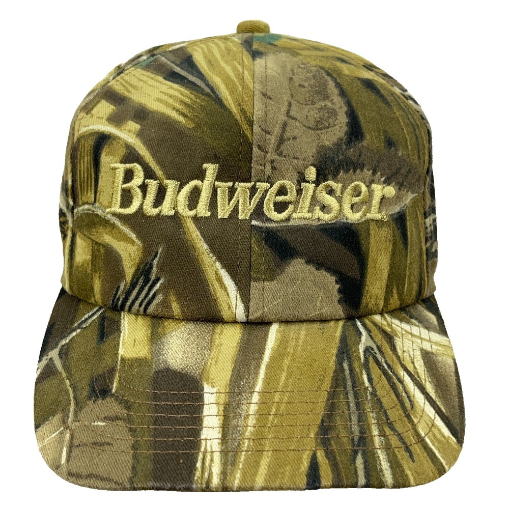 Vintage Budweiser Hat Cap Camo Strap Back K Products Beer 90s Wet Lands Trucker
